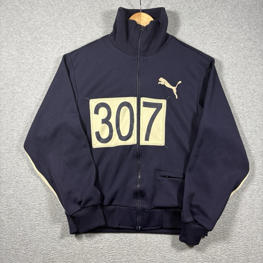 Vintage 70s Puma 307 Race Bib Track Jacket Mens S Navy Blue Retro Full Zip Euro